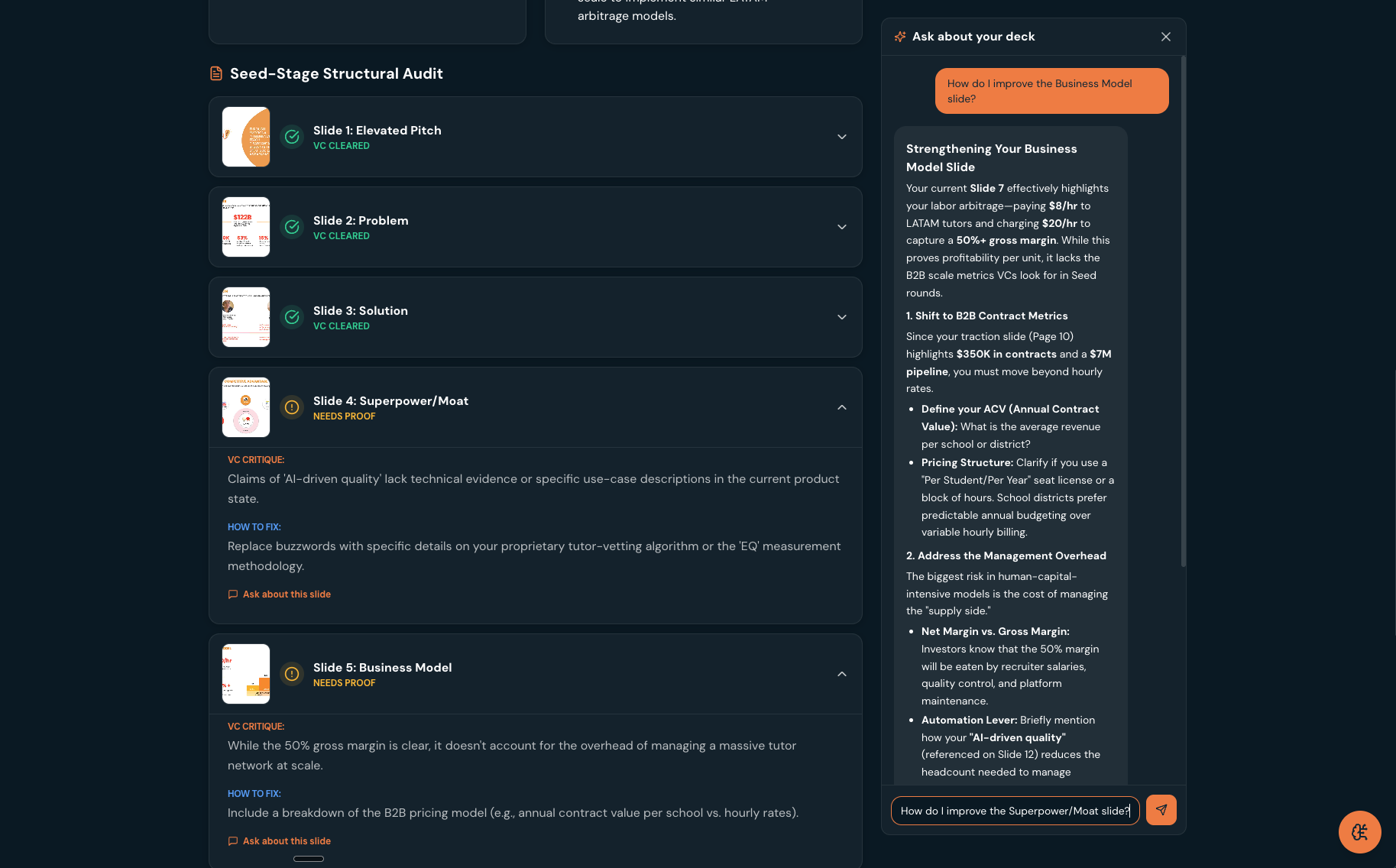 InPaceline in-portal pitch deck analyzer showing a deck score and slide-by-slide feedback
